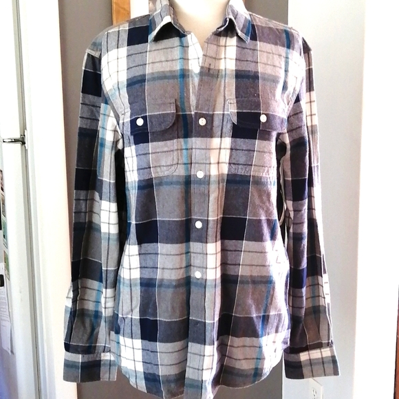 NWT Old navy plaid flannel shirt M Long sleeve cotton Blue gray white mens women - Picture 1 of 10